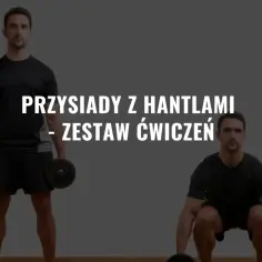 Mężczyzna wykonuje przysiad z hantlami, prezentując ćwiczenie.