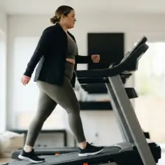 Kobieta ćwiczy na bieżni, zastanawiając się, ile chodzić na bieżni żeby schudnąć.