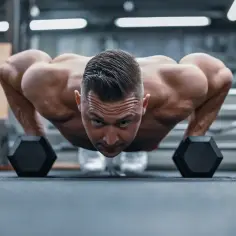 Mężczyzna wykonuje pompki na biceps z hantlami. Intensywny trening mięśni ramion.