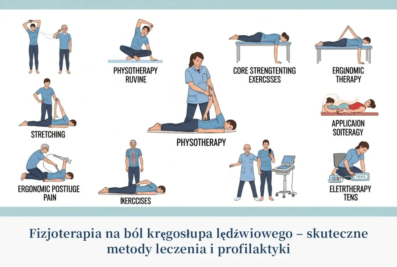 Ilustracje pokazują różne metody fizjoterapii i ćwiczeń, jak dbać o kręgosłup: stretching, masaż, ćwiczenia wzmacniające, terapia TENS.